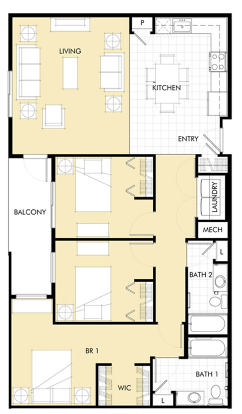 Floor plan for 3 beds, 2 baths